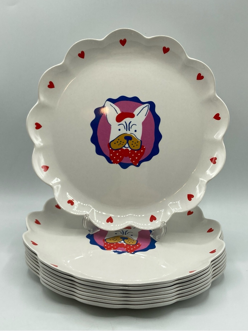 8 Set Target Pillowfort 10.5” Scalloped Melamine Dinner Plates Frenchie Dog